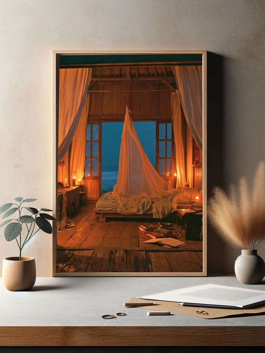 Candlelit Seaside Bedroom Print. — room view 2
