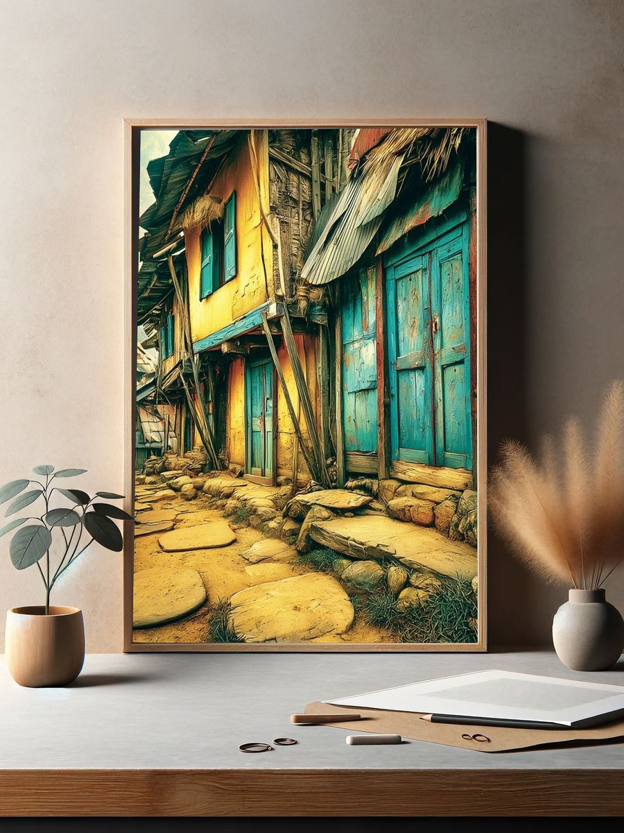 Colorful Village Street Photography Poster. — room view 2
