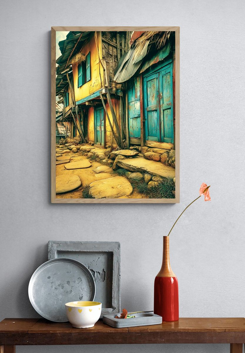 Colorful Village Street Photography Poster. — room view 3