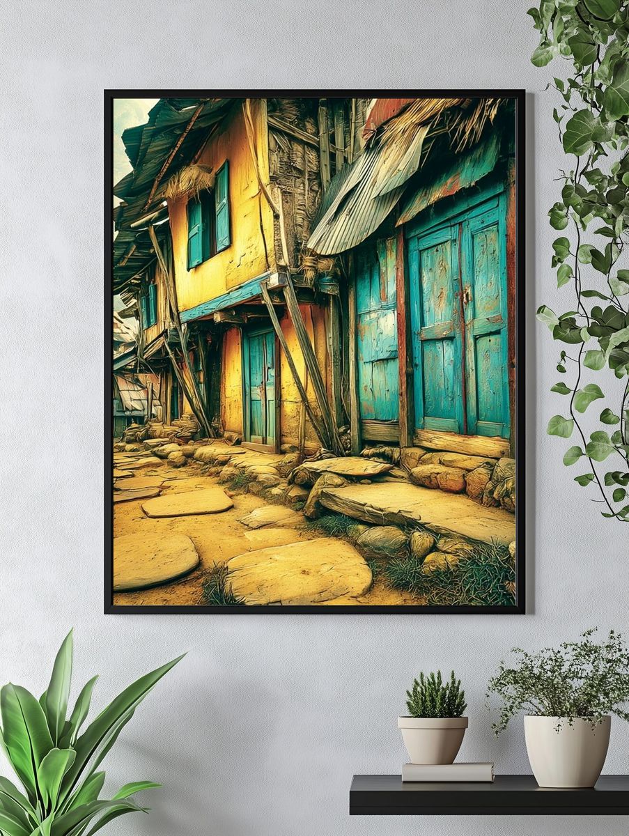 Colorful Village Street Photography Poster. — room view 4
