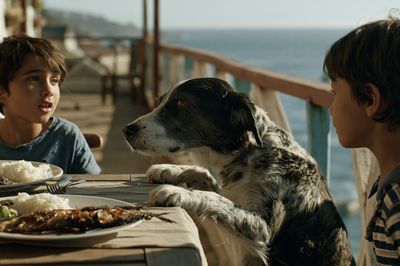 Seaside Dinner with Dog Photography Poster. poster