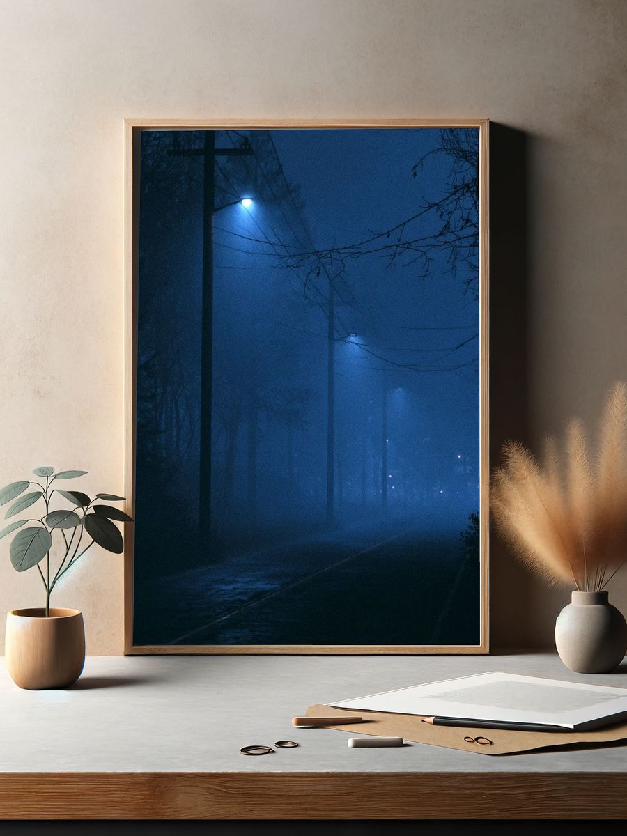 Foggy Blue Street Photography Poster. — room view 2
