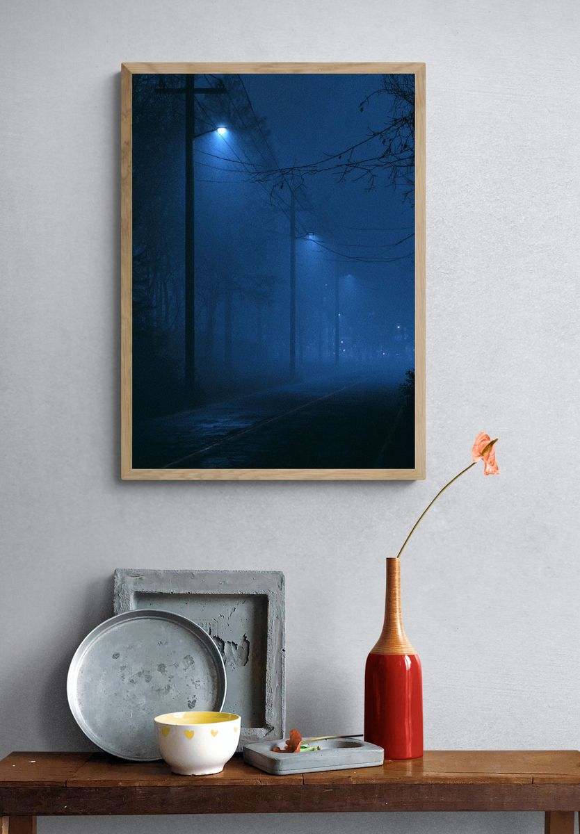 Foggy Blue Street Photography Poster. — room view 3