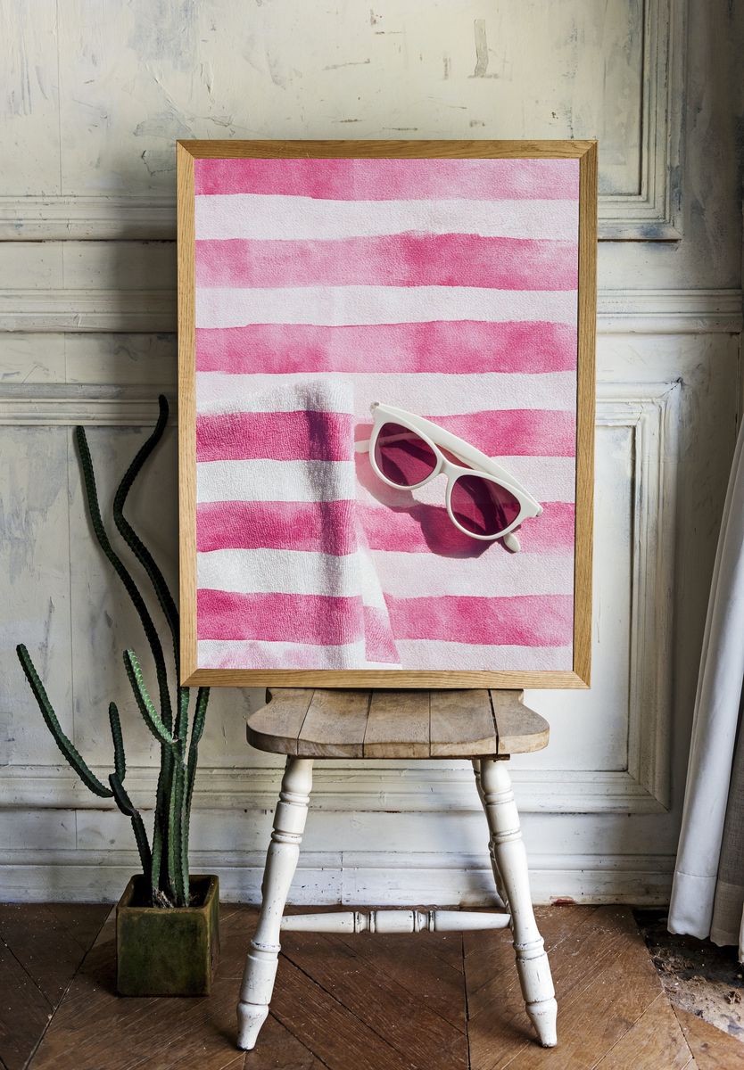 Pink Striped Beach Towel Print. — room view 1