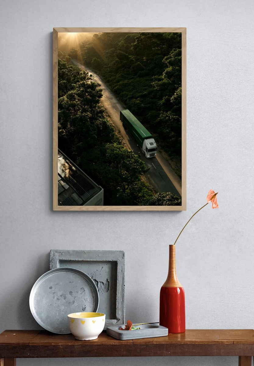 Sunlit Forest Road Photography Poster. — room view 3