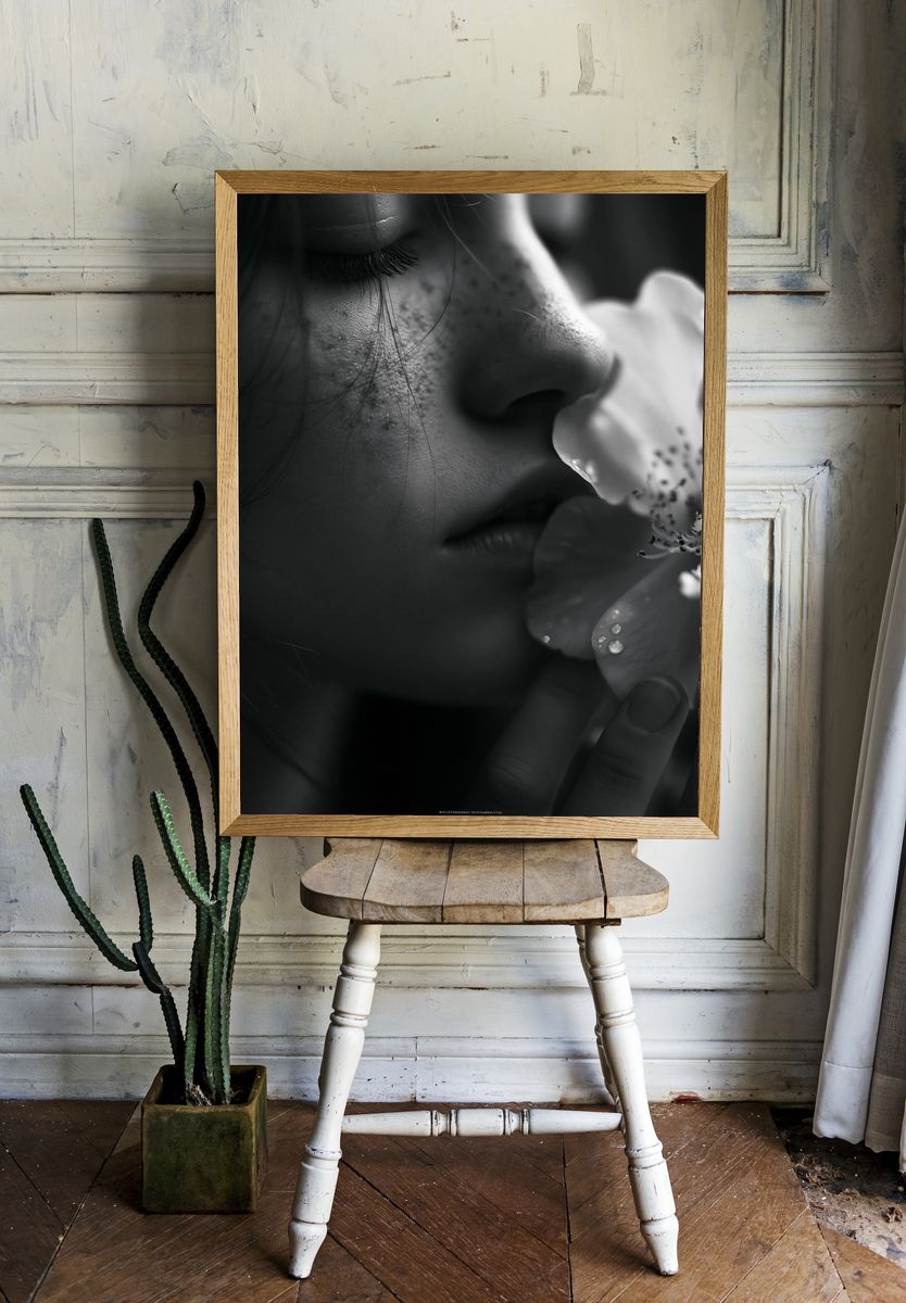 Monochrome Floral Portrait Print. room preview