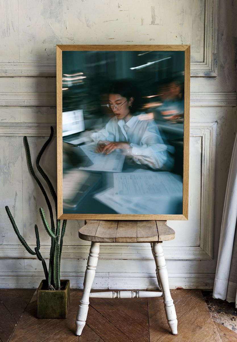 Focused Woman at Desk Photography Poster. — room view 1