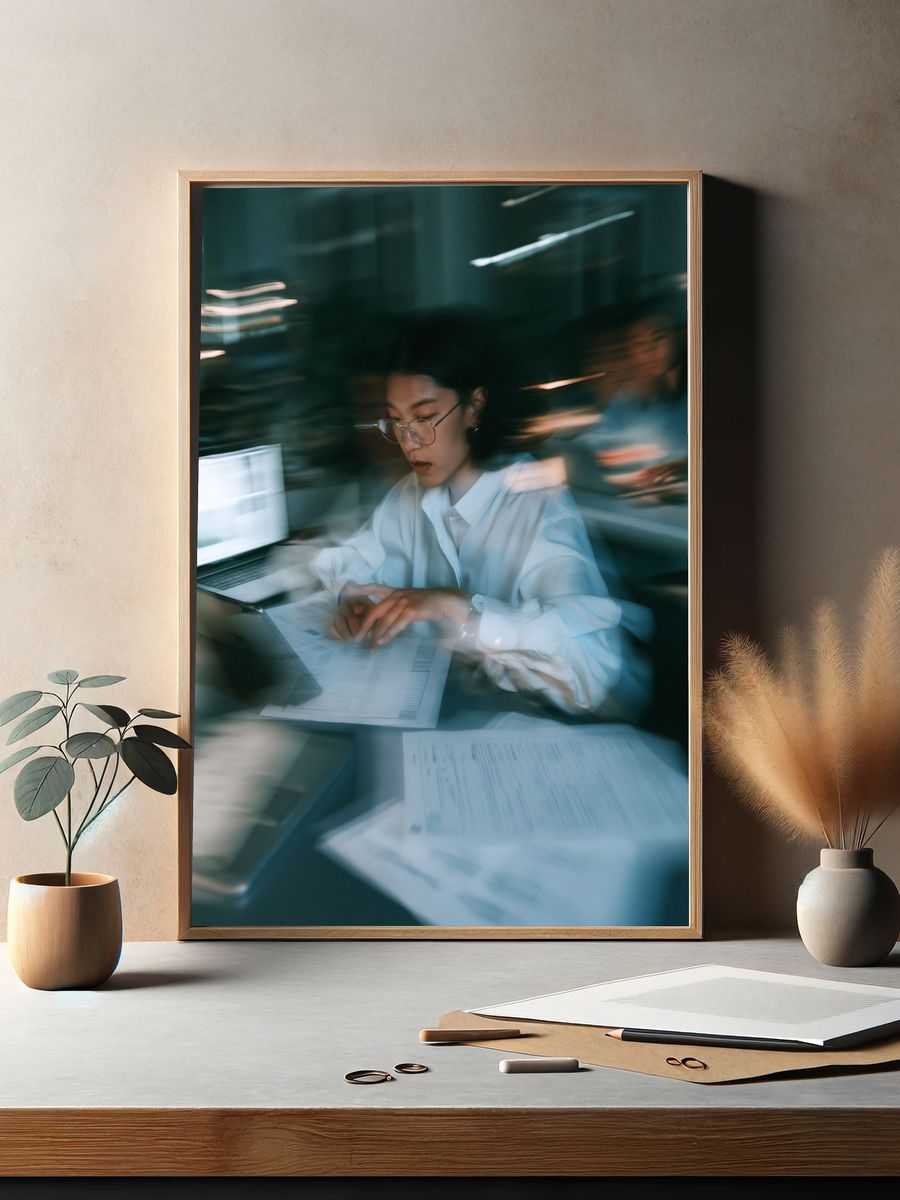 Focused Woman at Desk Photography Poster. — room view 2