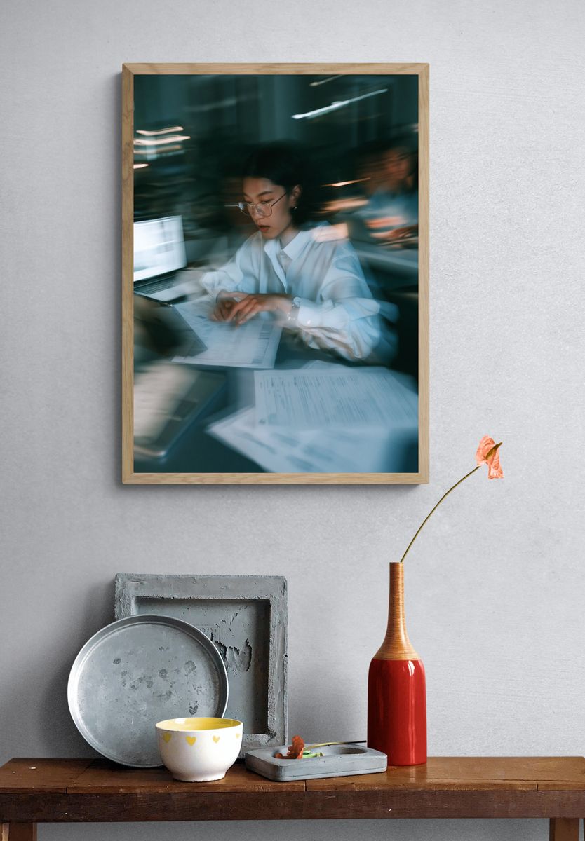 Focused Woman at Desk Photography Poster. — room view 3