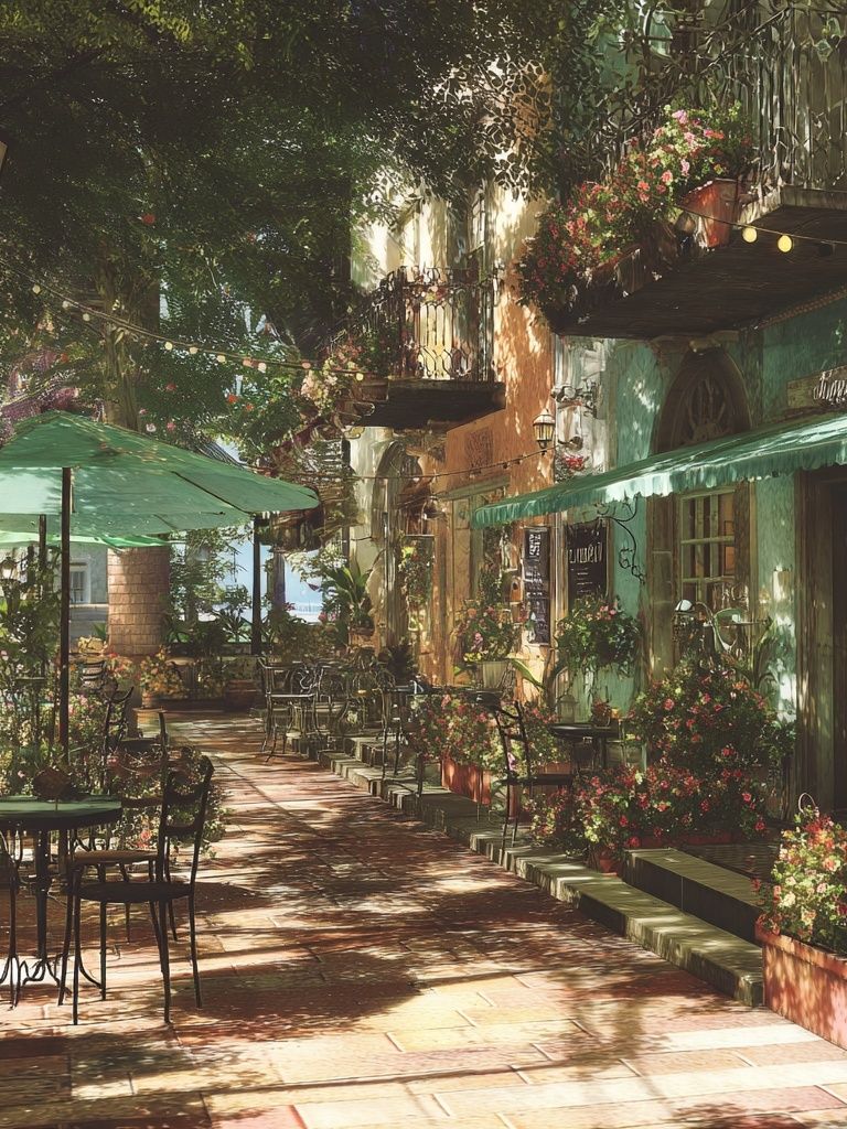 Sunlit Courtyard Café Photography Poster. poster detail