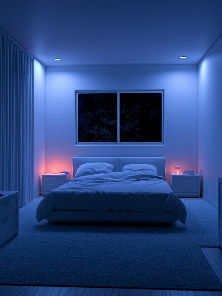 Blue Neon Bedroom Interior Poster. poster — photography art