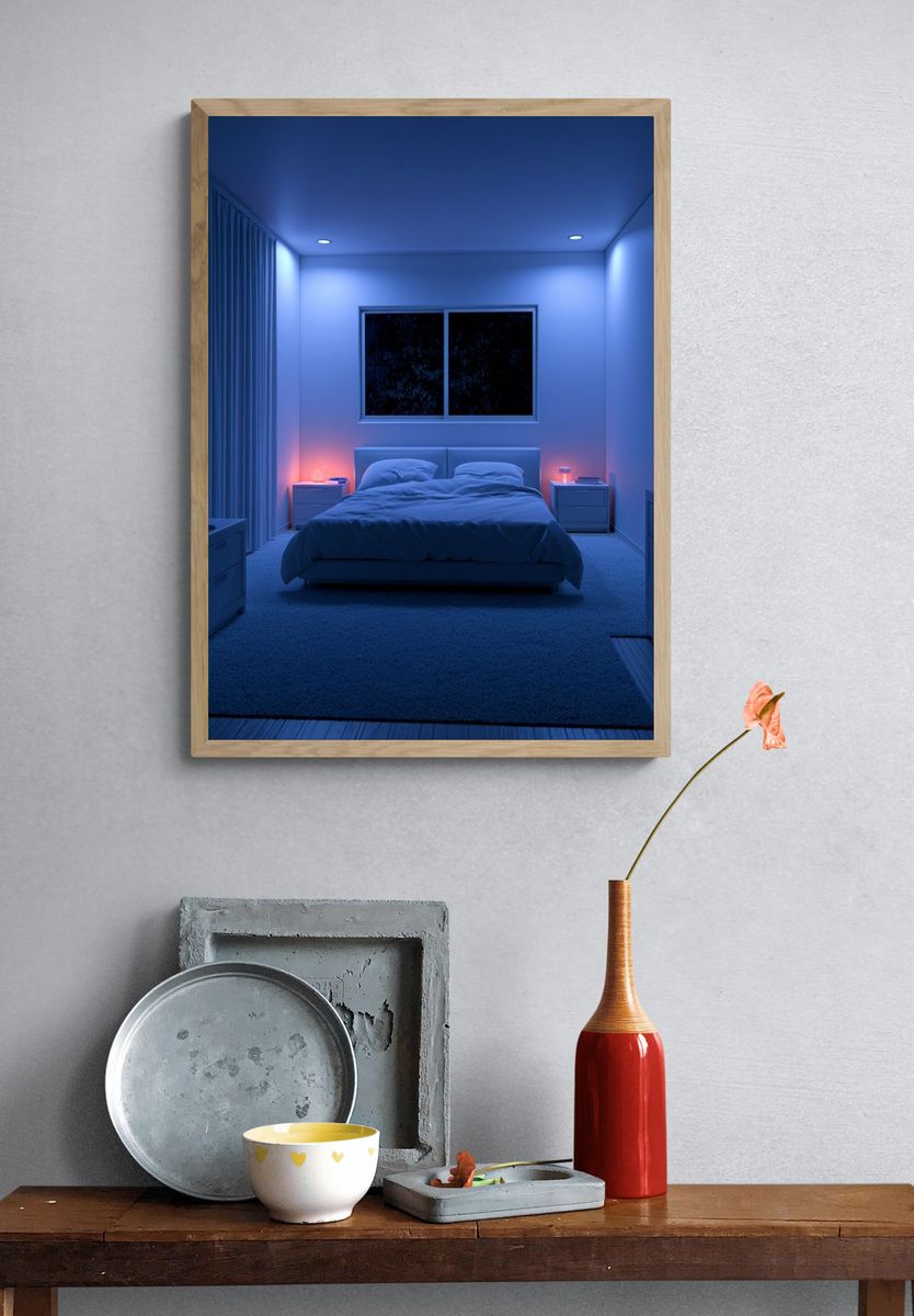 Blue Neon Bedroom Interior Poster. — room view 3