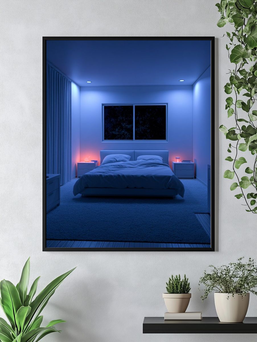 Blue Neon Bedroom Interior Poster. — room view 4