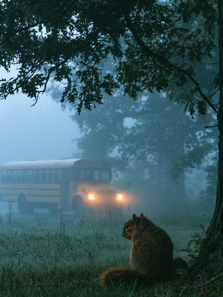 Foggy Forest Squirrel Photography Poster. poster detail