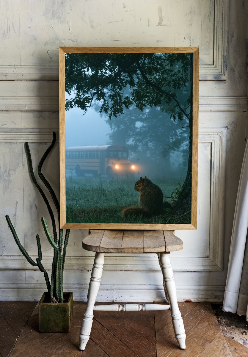 Foggy Forest Squirrel Photography Poster. — room view 1