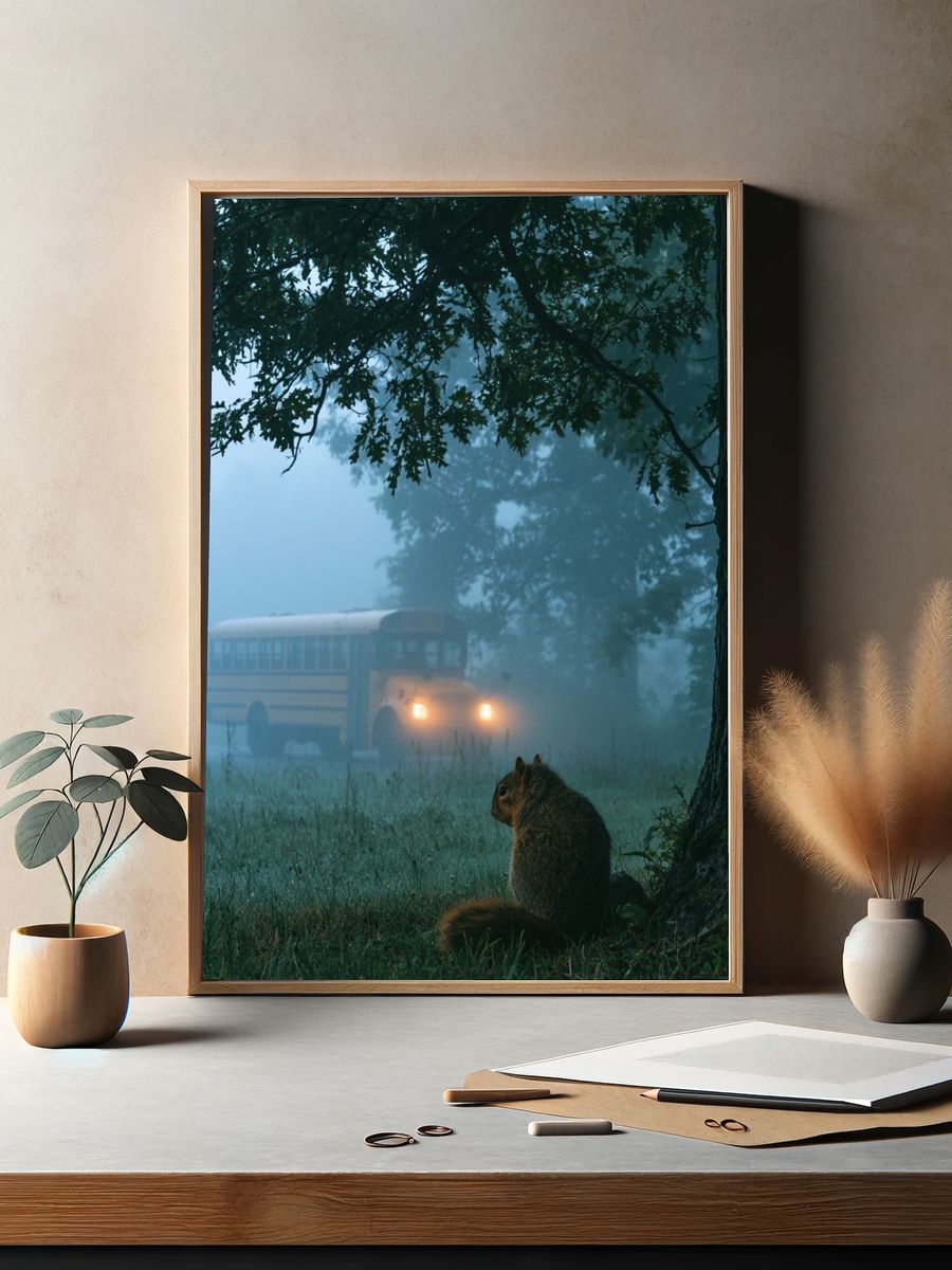 Foggy Forest Squirrel Photography Poster. — room view 2
