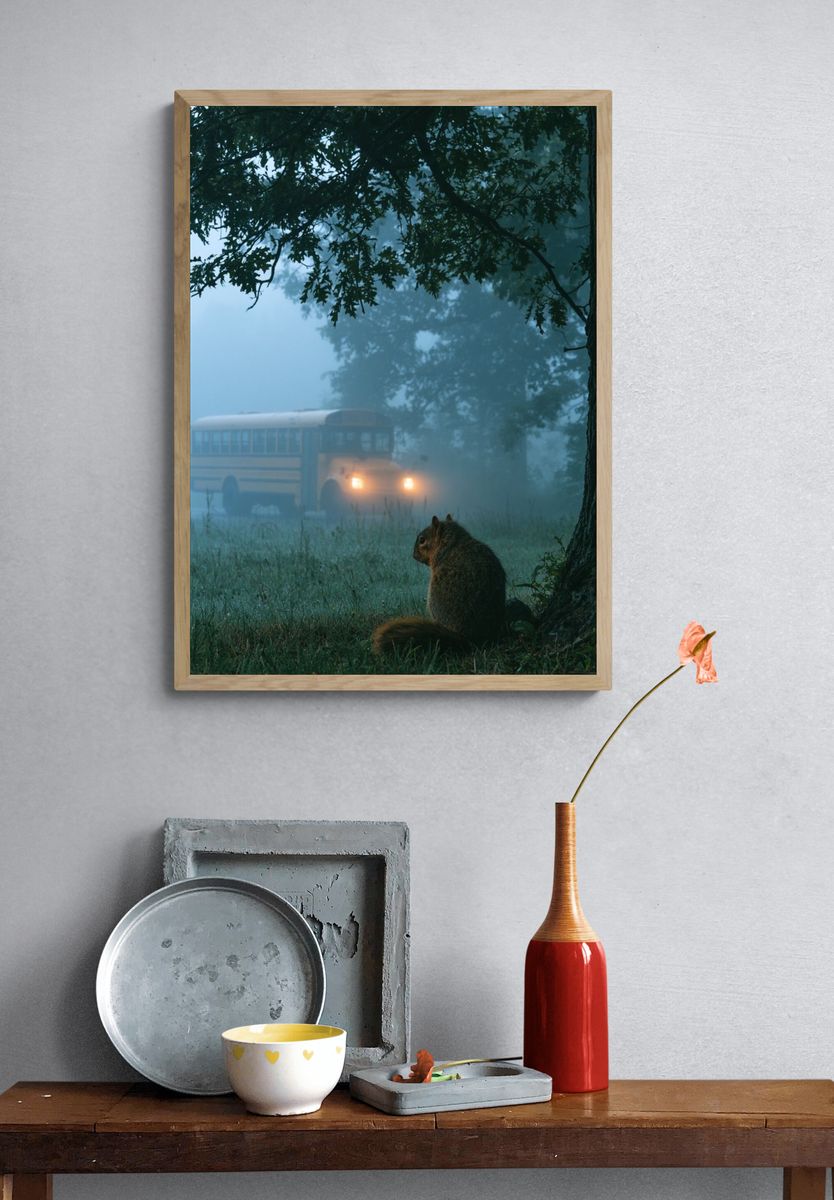 Foggy Forest Squirrel Photography Poster. — room view 3