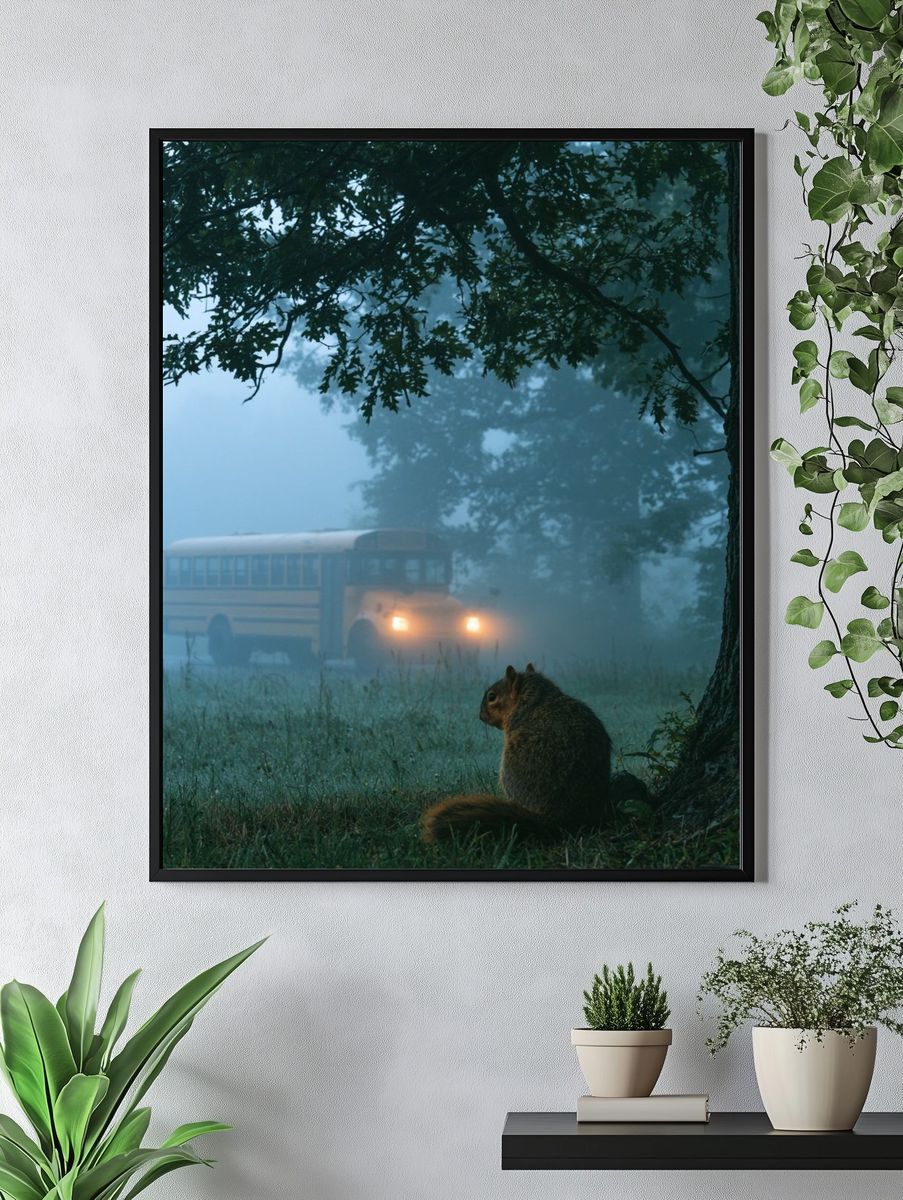 Foggy Forest Squirrel Photography Poster. — room view 4