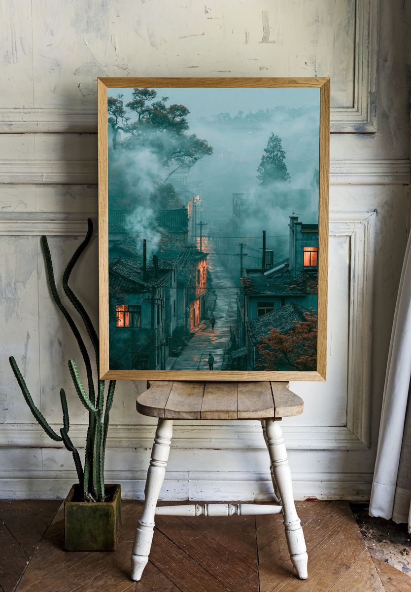 Misty Village Street Photography Poster. — room view 1