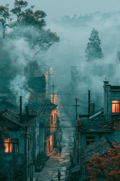 Misty Village Street Photography Poster. poster