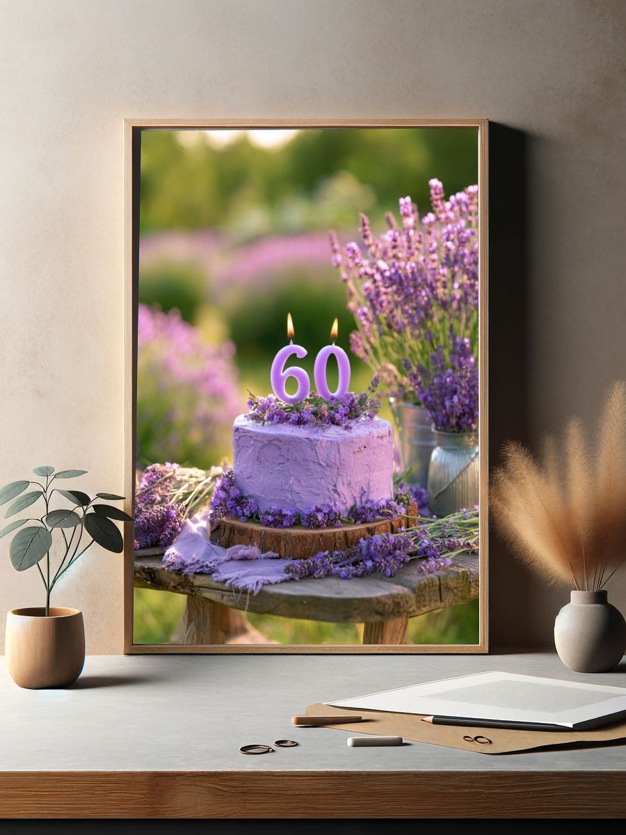 Lavender 60th Birthday Cake Photography Poster. — room view 2