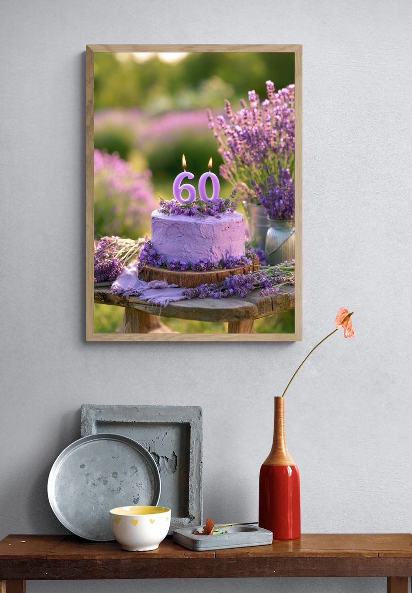 Lavender 60th Birthday Cake Photography Poster. — room view 3
