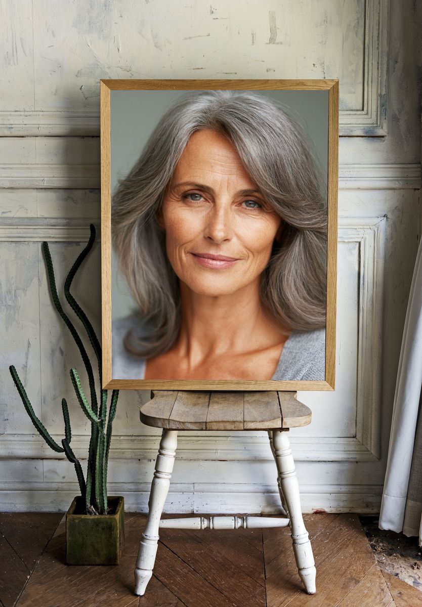Elegant Silver-Haired Portrait Print. room preview