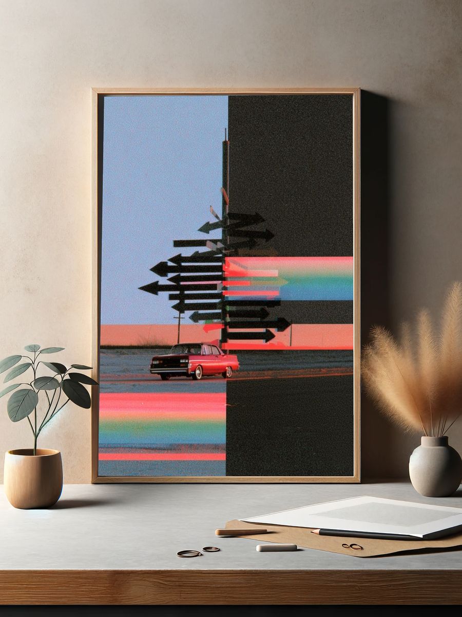 Retro Car Glitch Landscape Poster. — room view 2