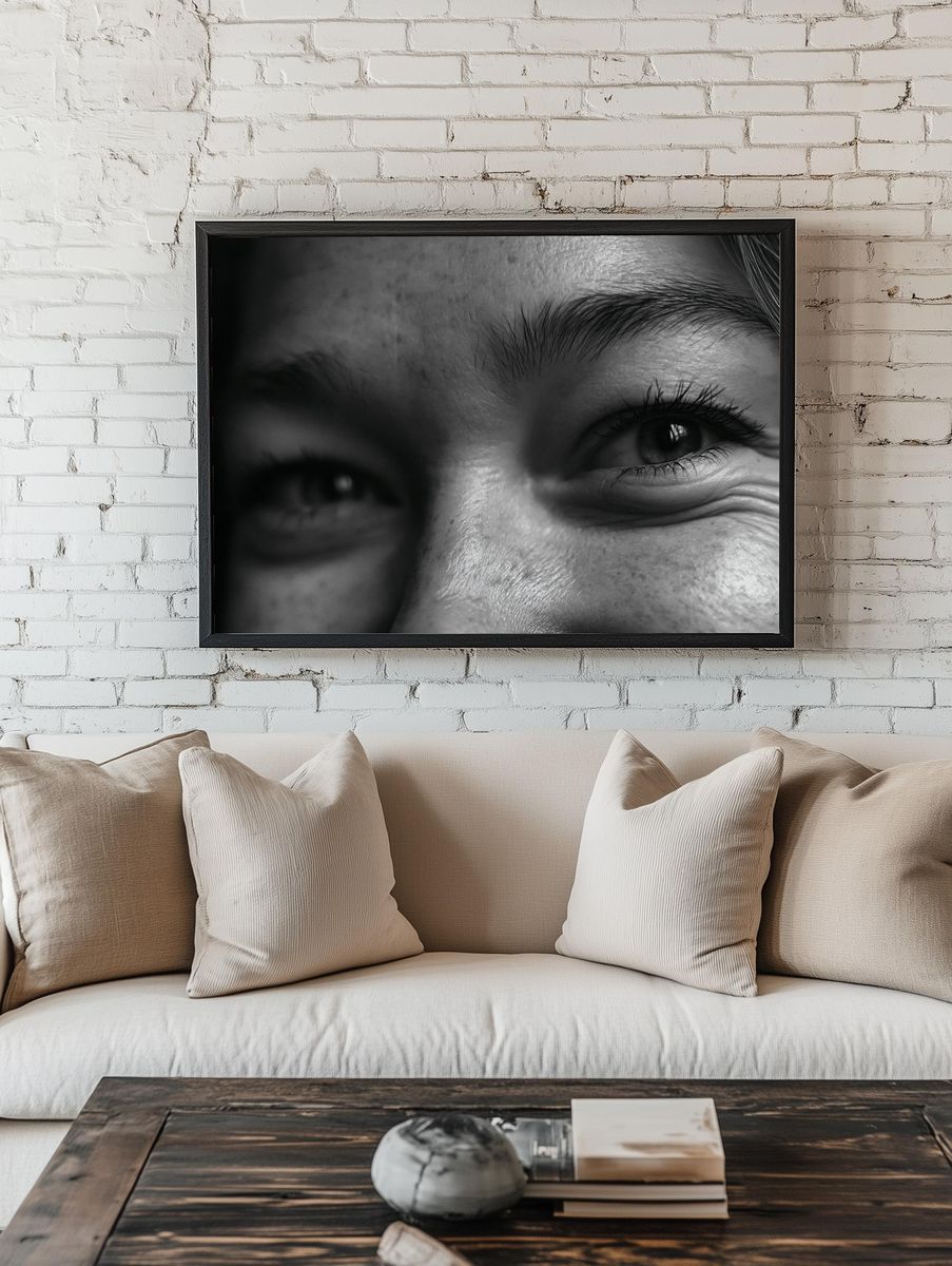Child Eyes Black-White Portrait Poster. — room view 1