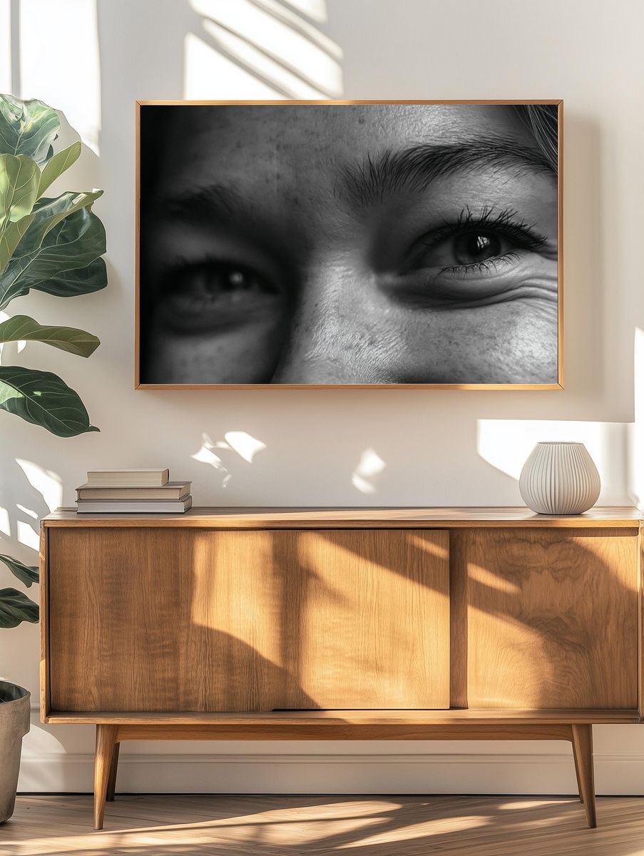 Child Eyes Black-White Portrait Poster. — room view 3
