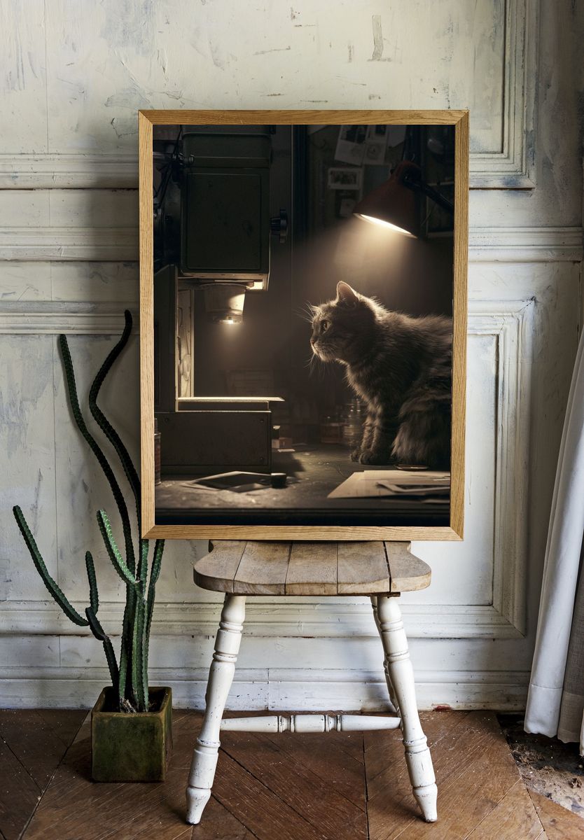 Cat in Workshop Light Poster. — room view 1