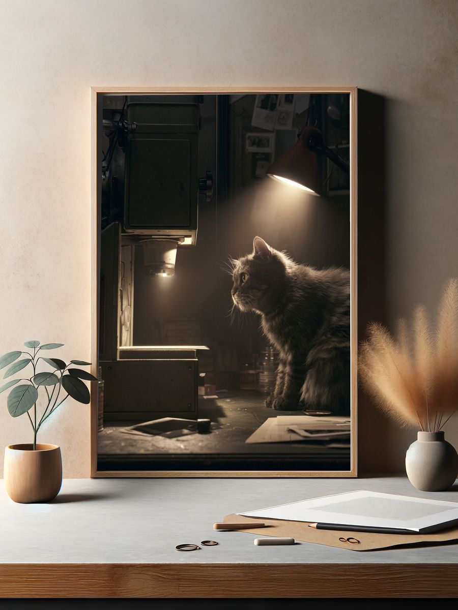 Cat in Workshop Light Poster. — room view 2