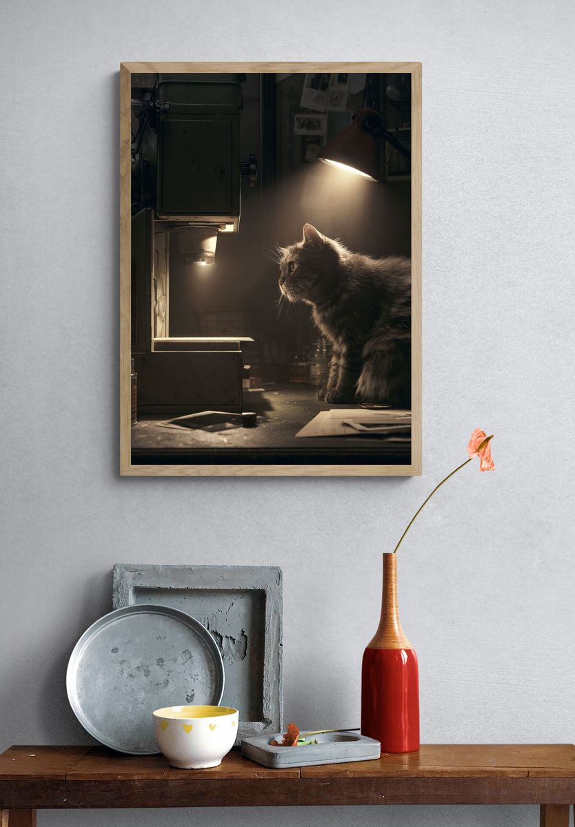 Cat in Workshop Light Poster. — room view 3