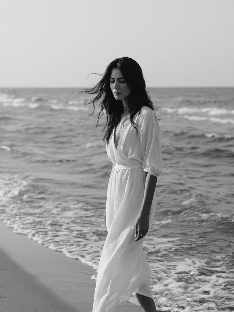 Seaside Woman Black-White Poster. poster — photography art