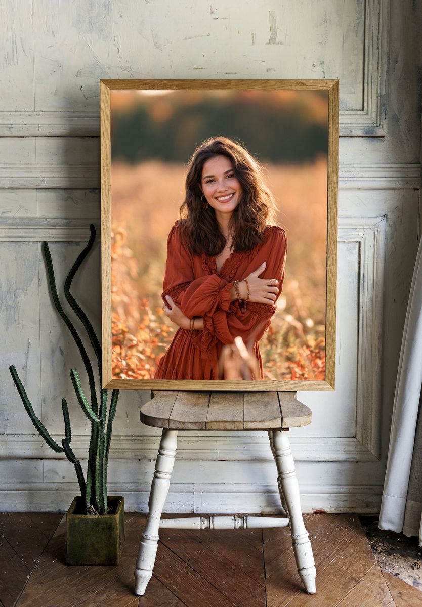 Smiling Woman in Autumn Field Photography Poster. — room view 1