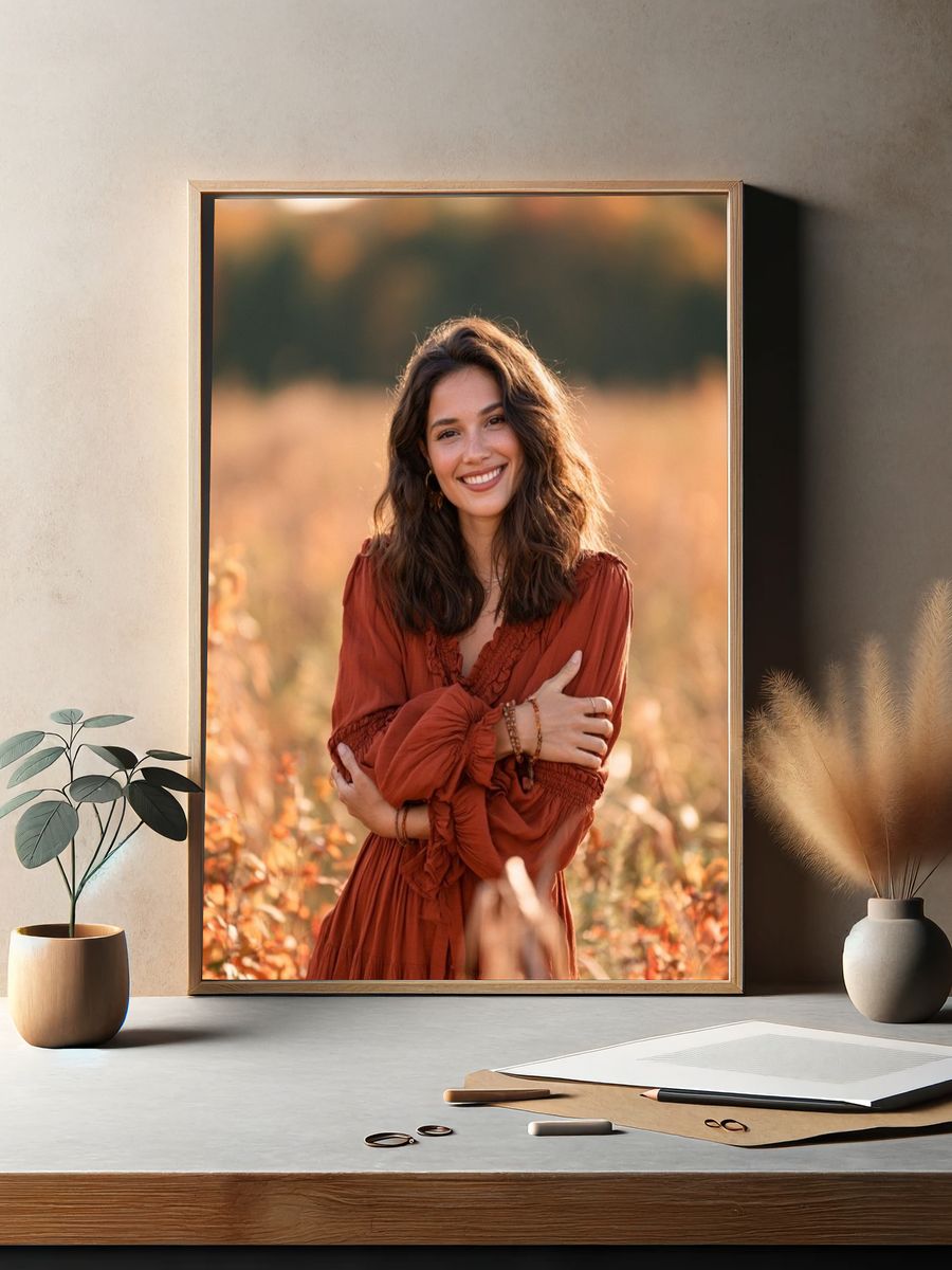Smiling Woman in Autumn Field Photography Poster. — room view 2