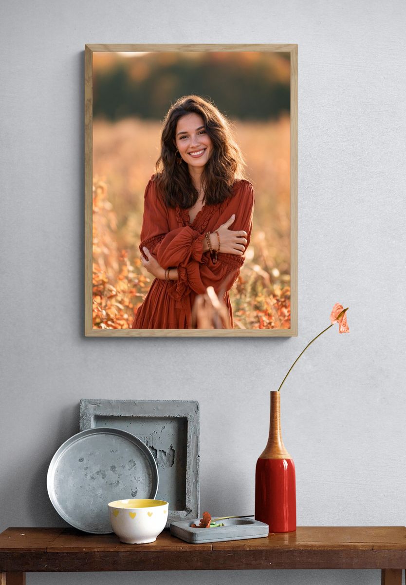 Smiling Woman in Autumn Field Photography Poster. — room view 3