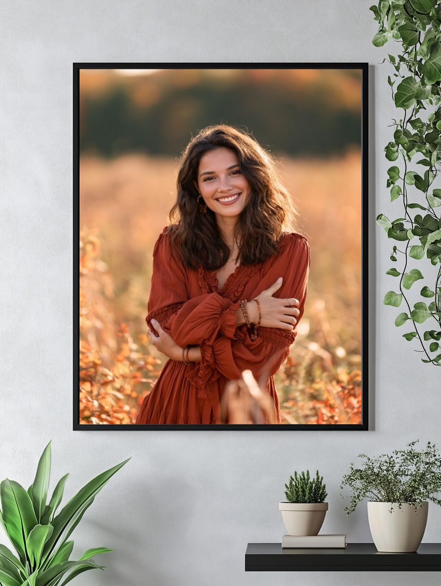 Smiling Woman in Autumn Field Photography Poster. — room view 4