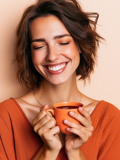 Smiling Woman with Coffee Photography Poster.