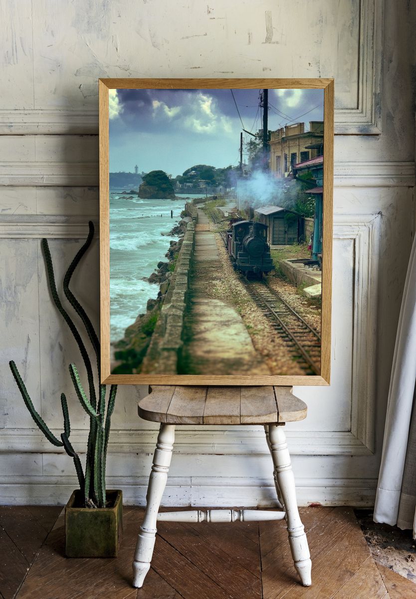 Coastal Steam Train Landscape Print. room preview