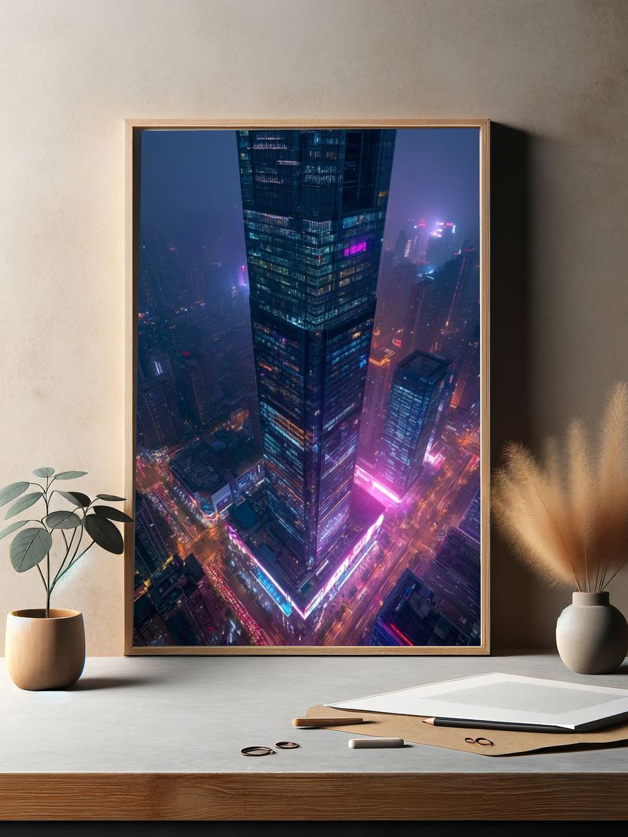 Neon City Skyline Photography Poster. — room view 2