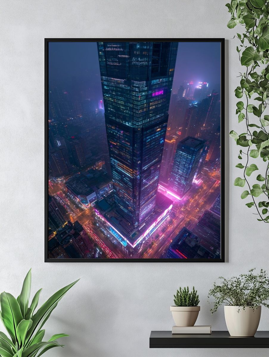 Neon City Skyline Photography Poster. — room view 4