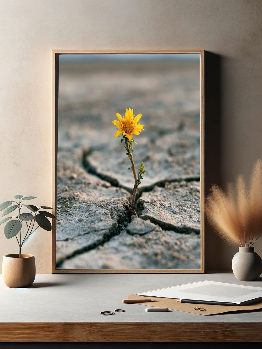 Resilient Flower in Cracked Earth Poster. — room view 2