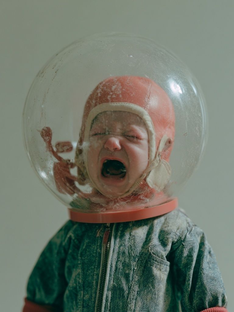 Yawning Baby Helmet Portrait Print. poster detail