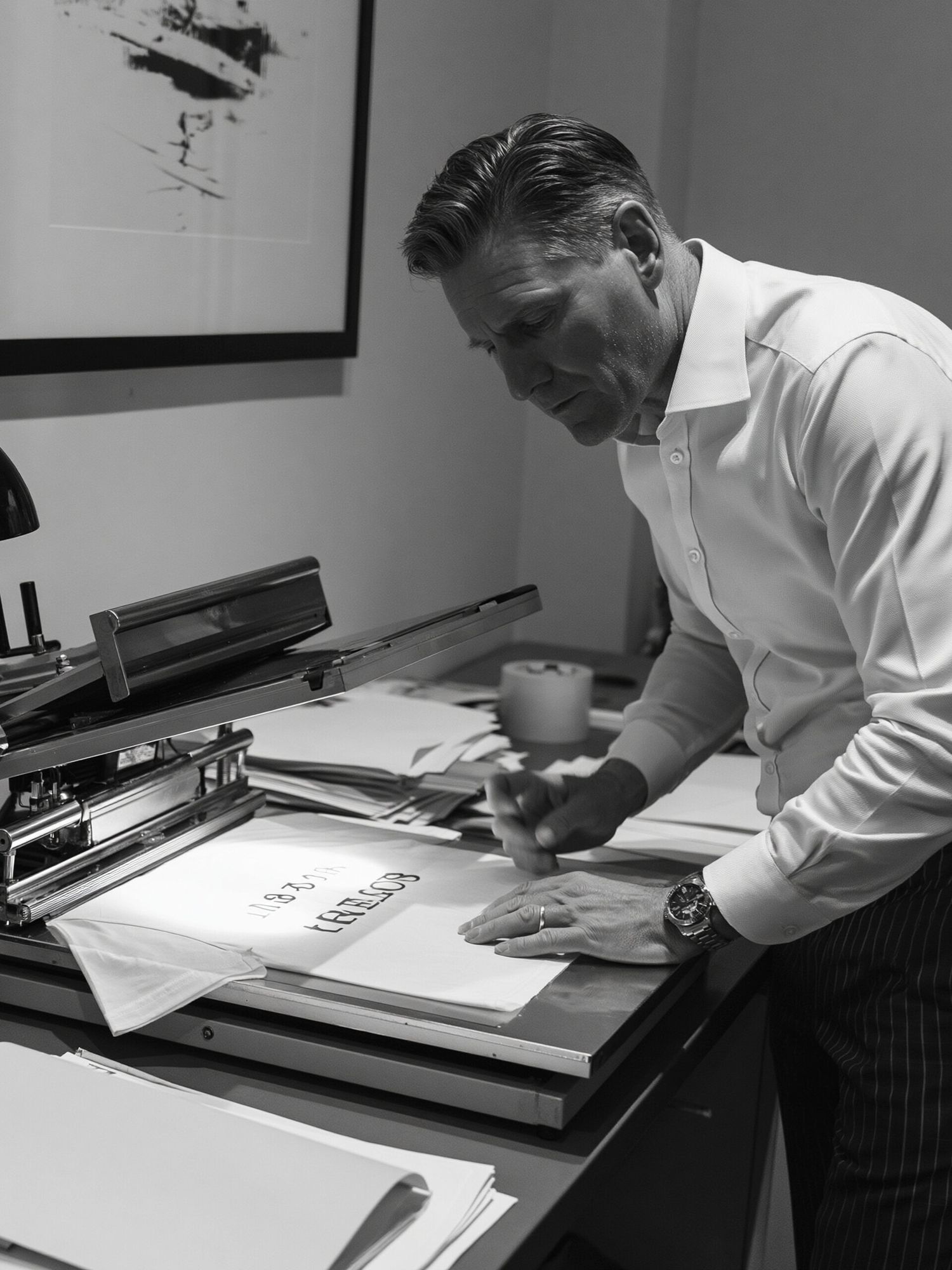 Tailor at Work Black-White Poster. poster detail
