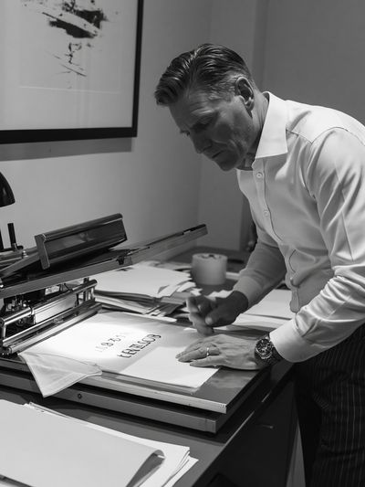Tailor at Work Black-White Poster.