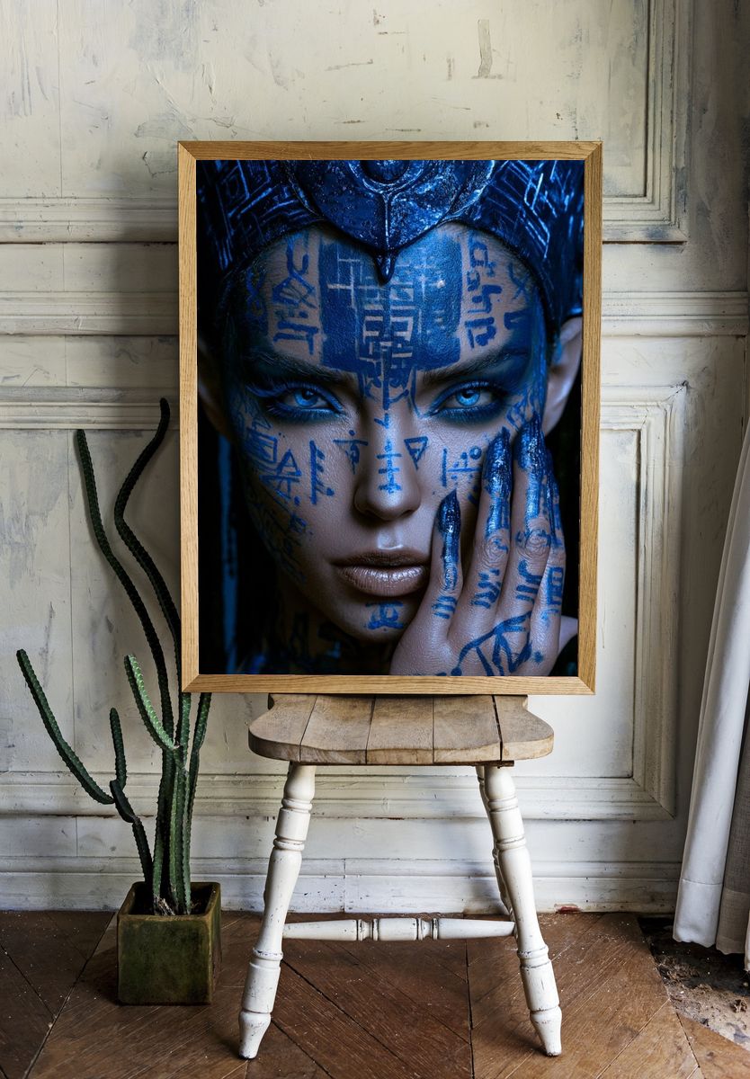 Blue Cyberpunk Portrait Print. — room view 1