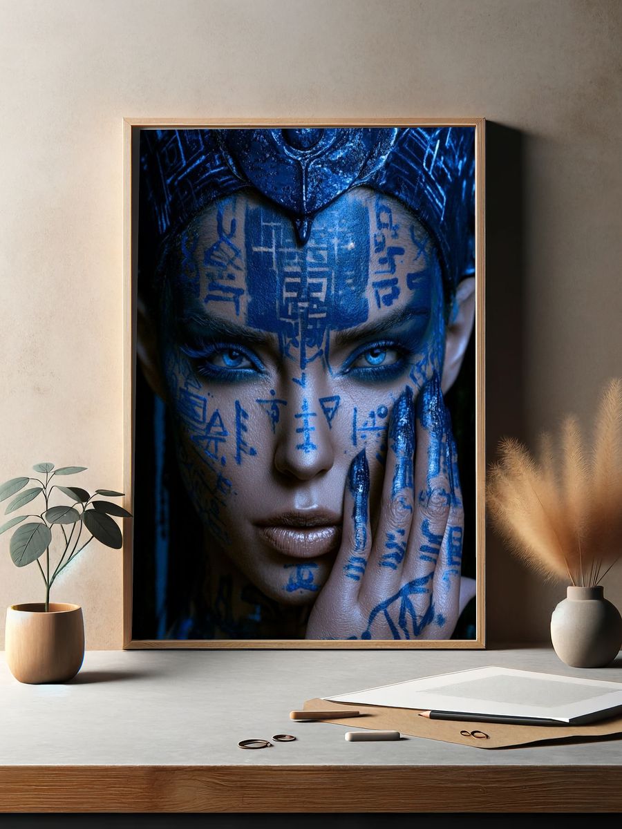 Blue Cyberpunk Portrait Print. — room view 2