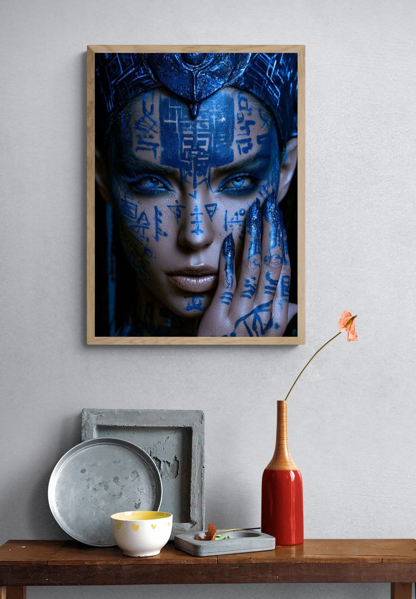 Blue Cyberpunk Portrait Print. — room view 3
