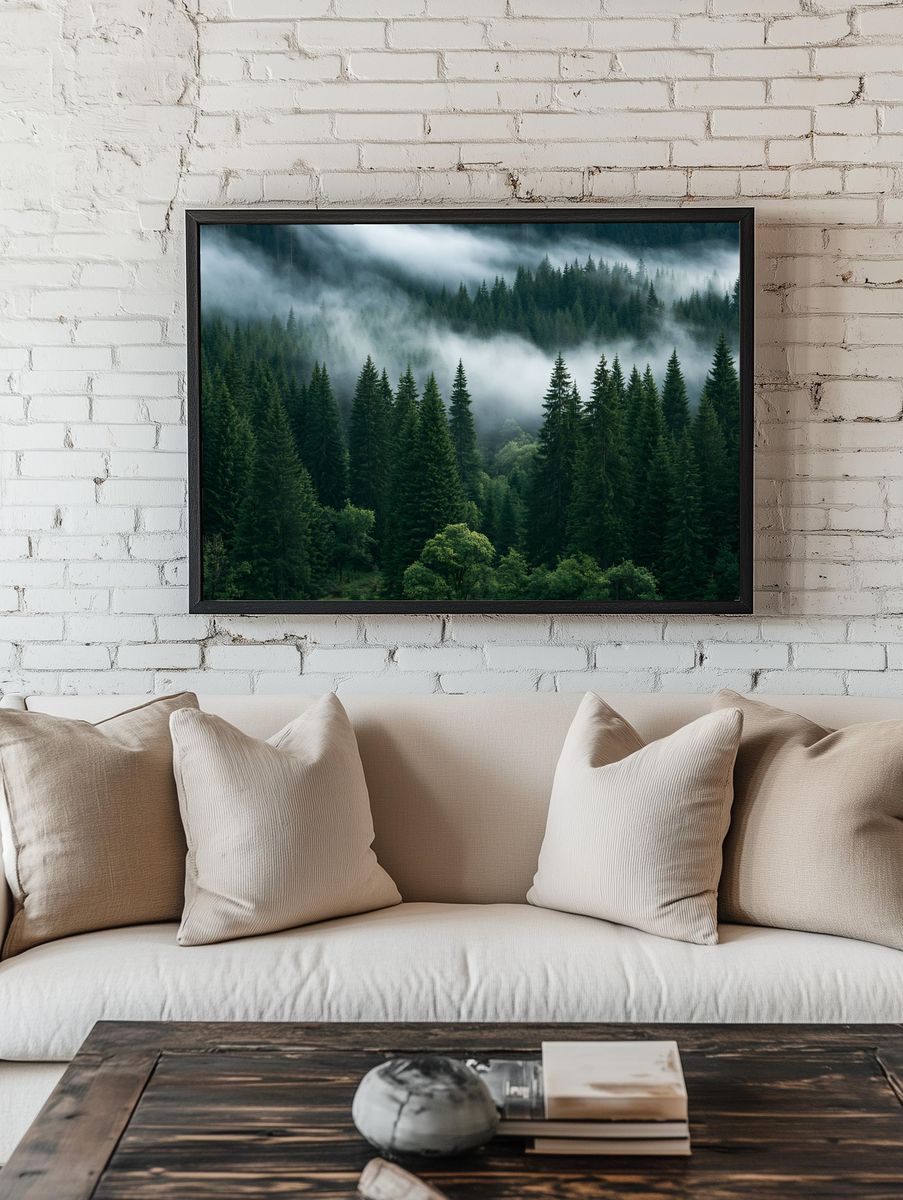 Misty Pine Forest Photography Poster. room preview